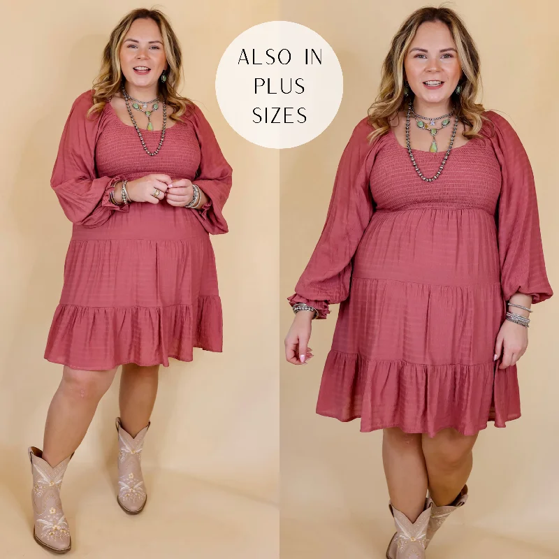 Mini dress with shimmer effect-Last Chance Size XL & 1XL | Day Cafe Smocked Bodice Long Sleeve Tiered Dress in Mauve