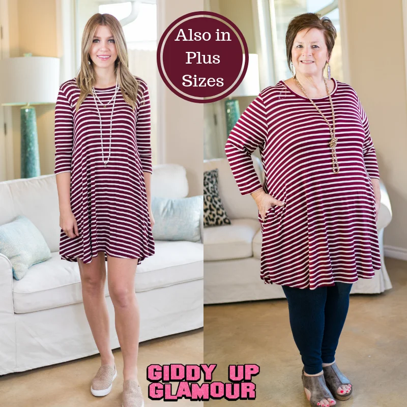 Mini dress with cap sleeves-Last Chance Size Small | Earn Your Stripes 3/4 Sleeve Stripe Dress in Maroon