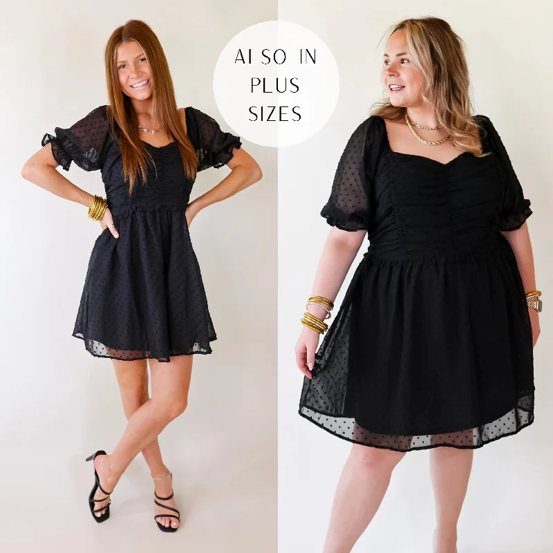 Mini dress with knot front-Favorite Adventure Swiss Dot Dress with Short Balloon Sleeves in Black