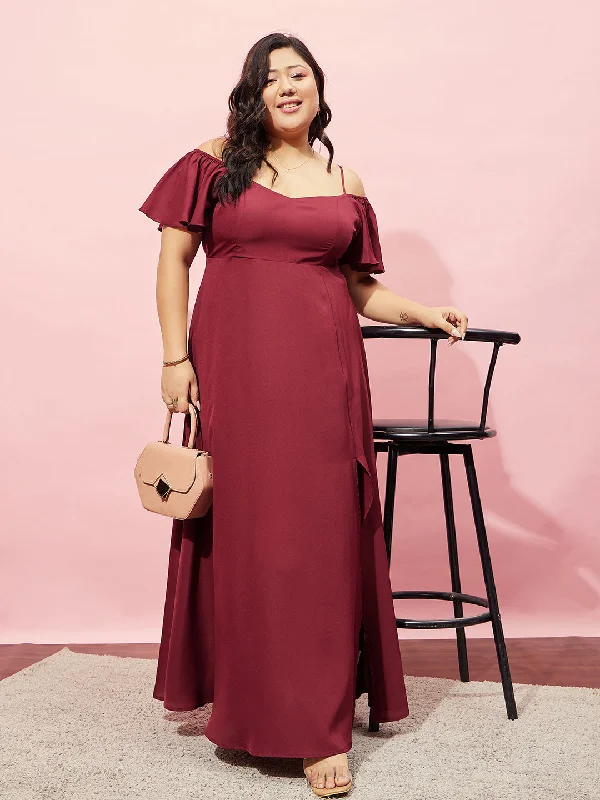 Maxi dress with unique patterns-Berrylush Women Plus Size Solid Maroon Off-Shoulder Neck Cold-Shoulder Sleeve Thigh-High Slit Flared Maxi Dress