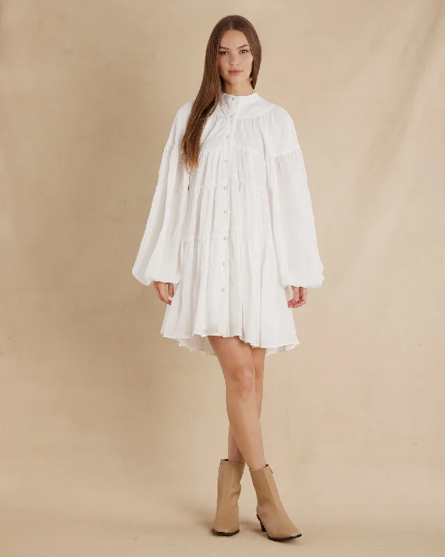 Mini dress with crochet details-Isabelle Ramie Tiered Mini Dress - White