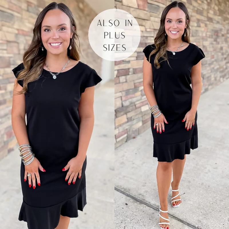 Mini dress with cold shoulder-Last Chance Size Small & 3XL | Boss Shift Ruffle Cap Sleeve Dress with Ruffle Hem in Black