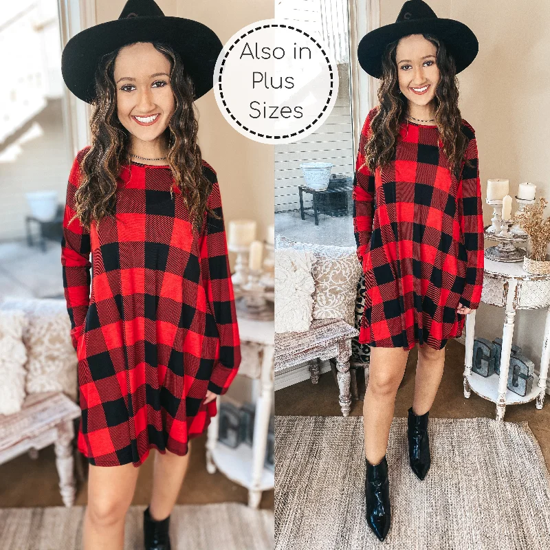 Mini dress with zen vibes-High Spirits Long Sleeve Buffalo Plaid Dress with Pockets in Red