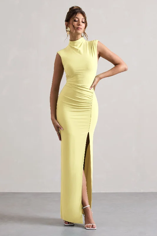 Maxi dress with elastic waistband-Lanetta | Lemon Ruched High-Neck Maxi Dress With Split