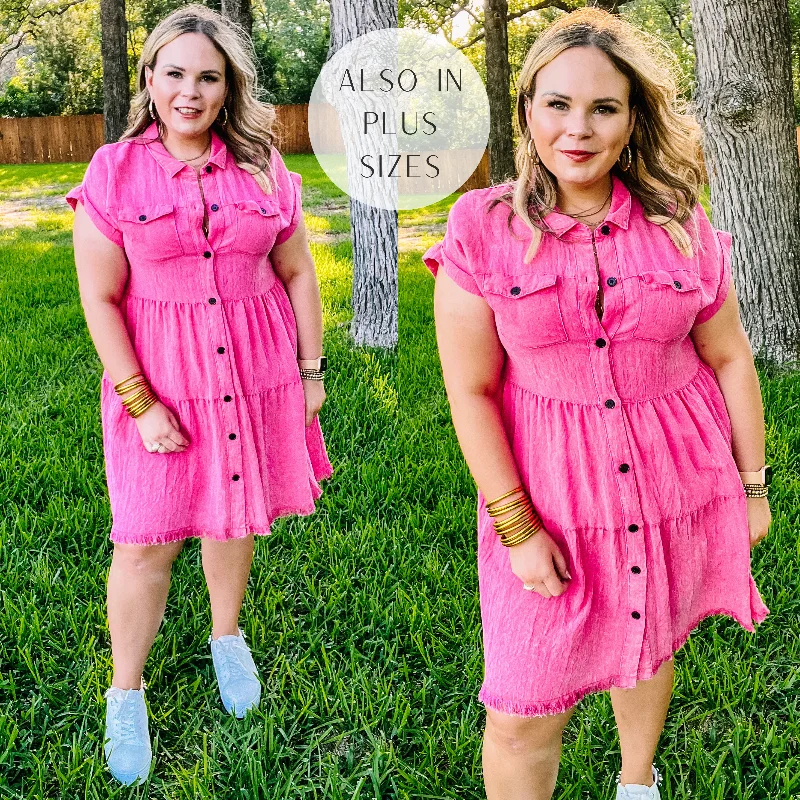 Mini dress with frilly details-Oh Darling Ruffle Tiered Button Up Dress in Fuchsia Pink