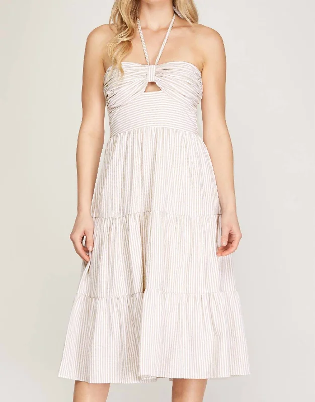 Midi dress with formal elegance-Tallulah Falls Sleeveless Halter Midi Dress in White/Tan