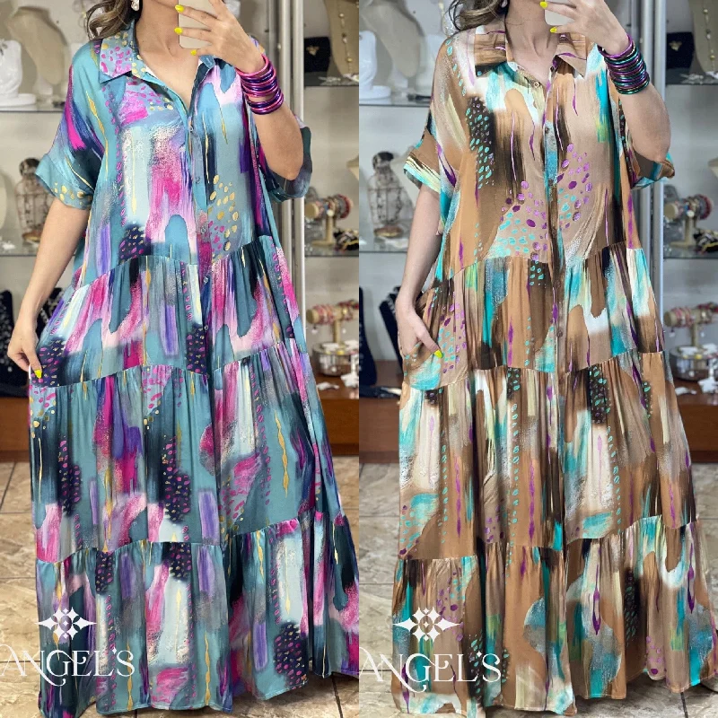 Maxi dress with trumpet sleeves-Mix Print Maxi OS Dress