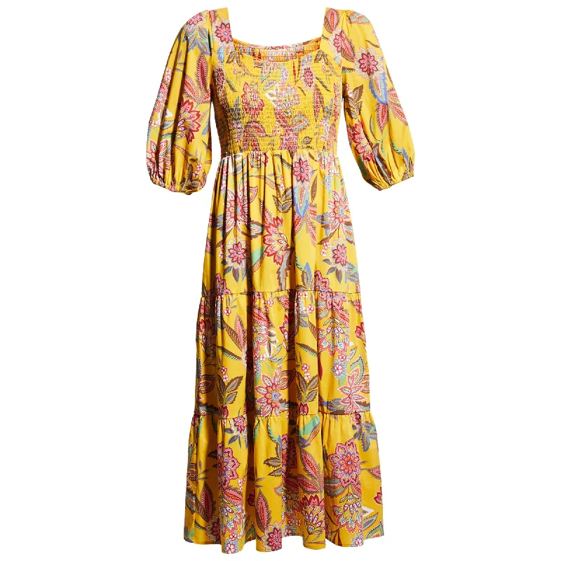 Midi dress with minimalist design-Johnny Was Women's Mladen Smocked Yellow Floral Midi Sundress