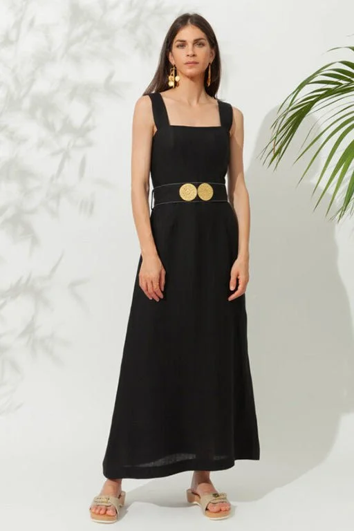 Maxi dress with boho style-Nonika Long Dress With Golden Buckles Black