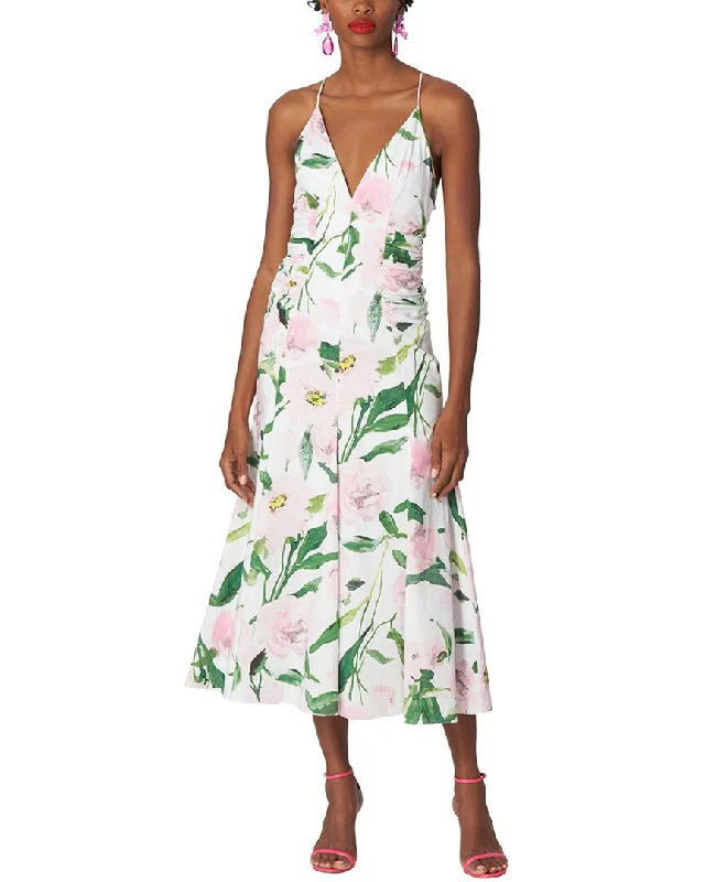 Midi dress with embroidered flowers-Carolina Herrera Spaghetti Strap Ruched V-Neck Midi Dress