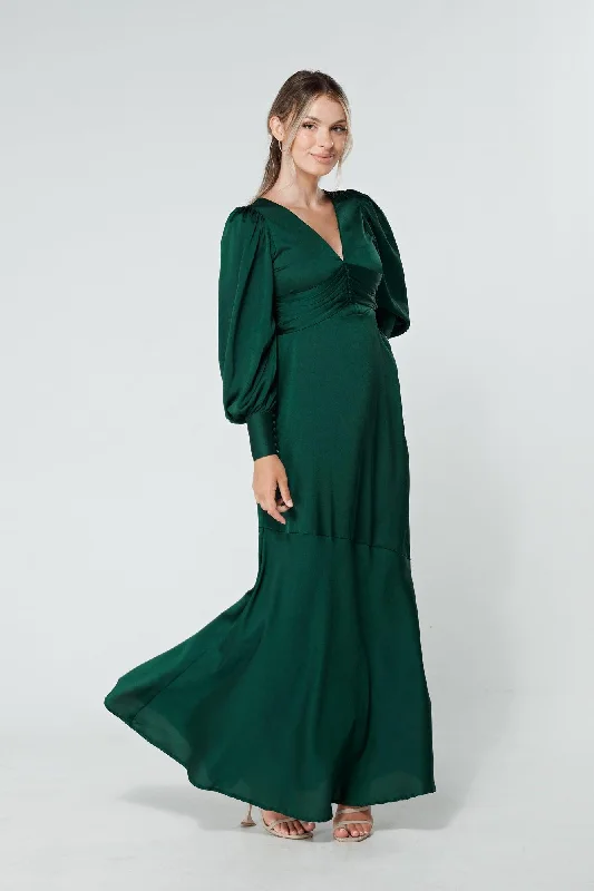 Maxi dress with velvet texture-Naomi Dark Green Satin Maxi Dress