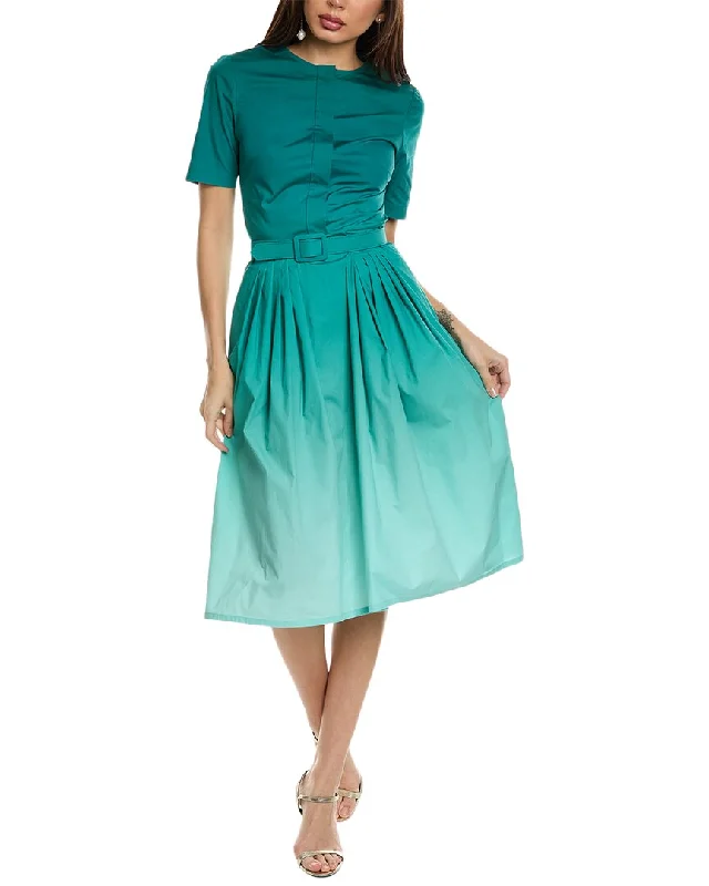 Midi dress with illusion sleeves-Oscar de la Renta Belted Midi Dress