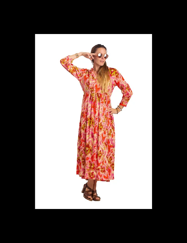 Maxi dress with retro flair-Divine rose print long slv dress