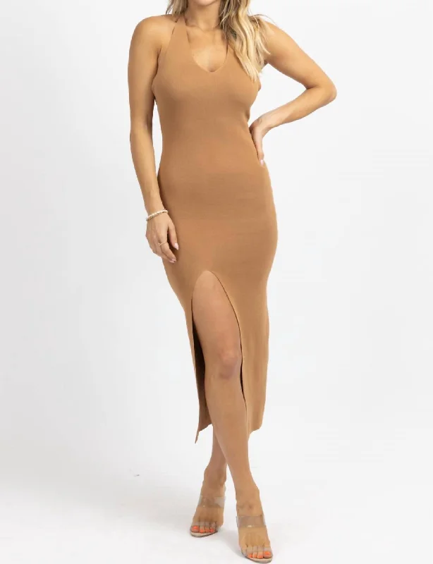 Midi dress with youthful look-Chain Crossback Midi Dress In Brown Gold