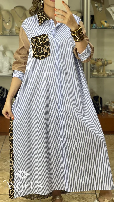 Maxi dress with classic stripes-Stripes Leopard OS Maxi Dress