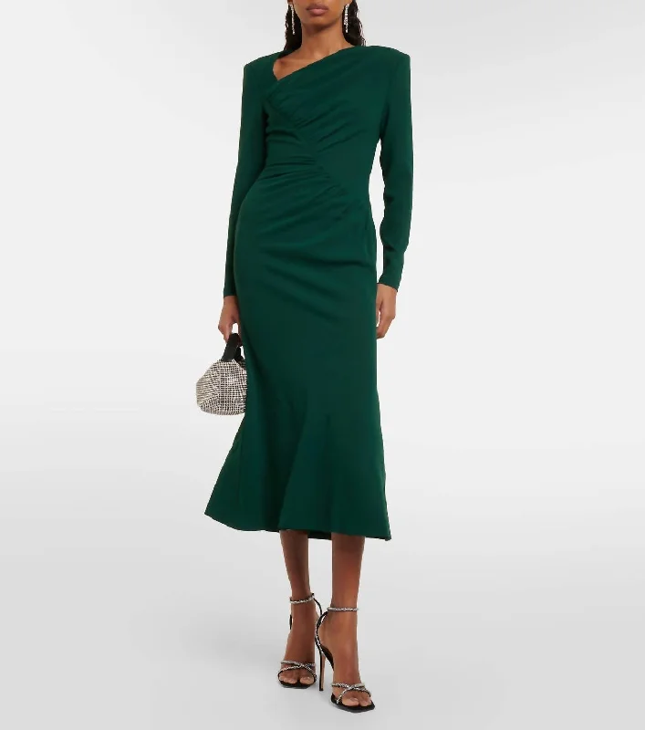 Midi dress with nautical theme-Long Sleeve Rouched Midi Dress In Green