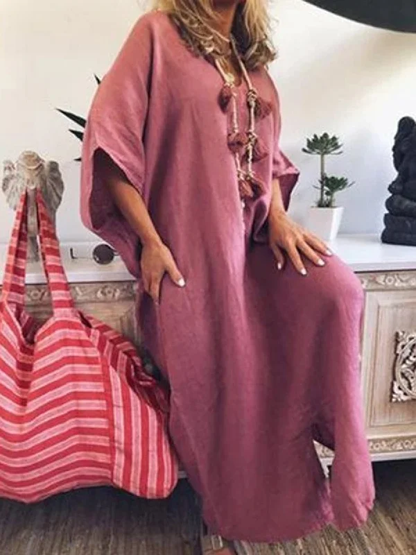 Maxi dress with pleated skirt-Casual Loose Solid Color Dress