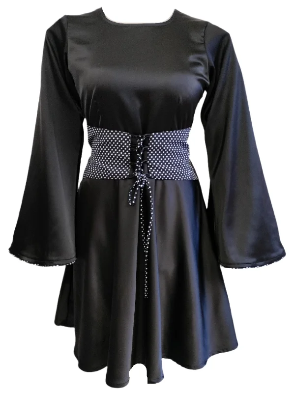 Maxi dress with retro style-Venessa Black Satin Long Top With Drawstrings