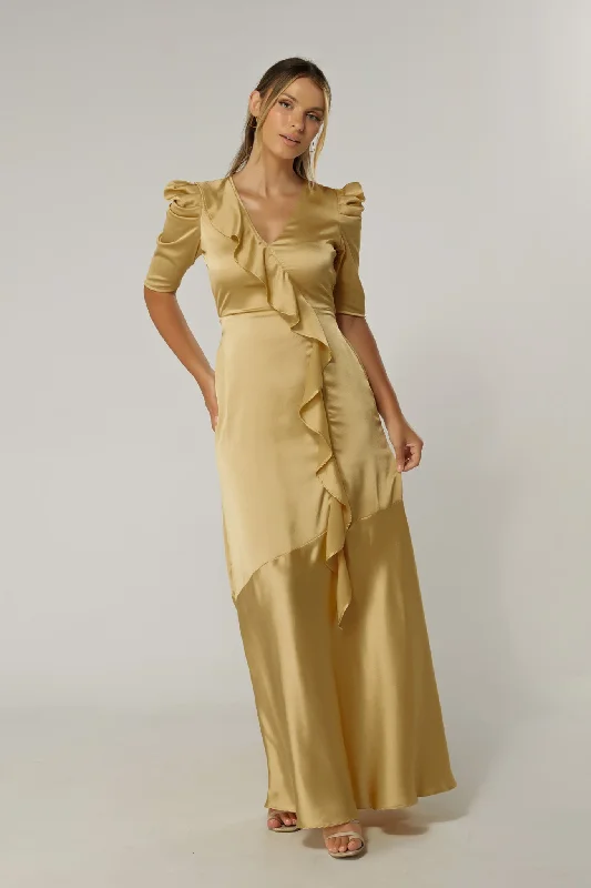 Maxi dress with velvet texture-Daisy Light Gold Crepe Maxi Dress