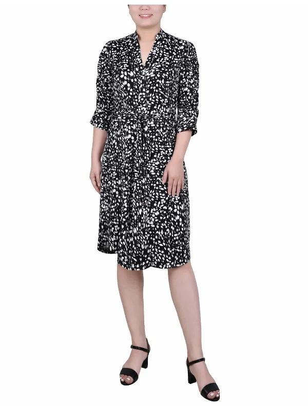 Midi dress with tie waist-Womens Collarless Midi Shirtdress