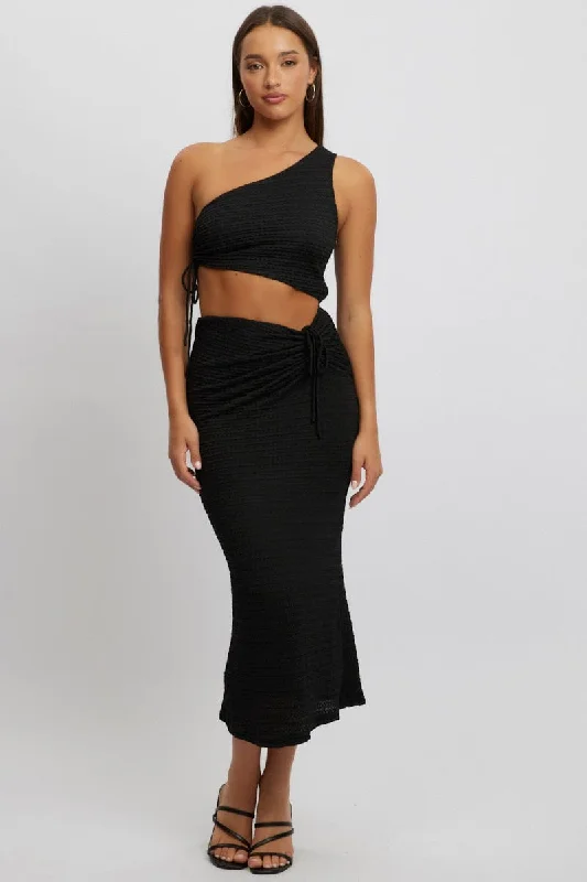 Maxi dress with bohemian vibes-Black Bodycon Dress One Shoulder Maxi