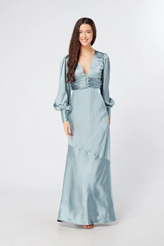 Maxi dress with eyelet fabric-Naomi Dusty Blue Satin Maxi Dress