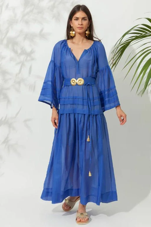 Maxi dress for wedding guests-Mykonos Silk Cotton Long Dress W. Golden Buckles & Tassels Greek Blue