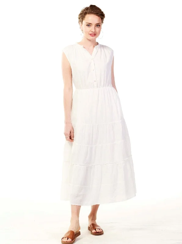 Maxi dress with drawstring waist-White Sleeveless V-neck Long Dress - Francess Dress