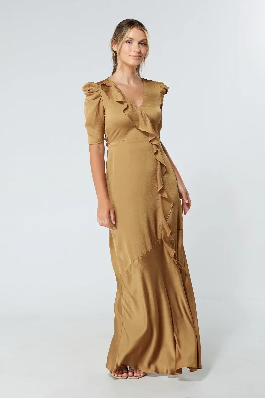 Maxi dress with wrap style-Daisy Dark Gold Crepe Maxi Dress