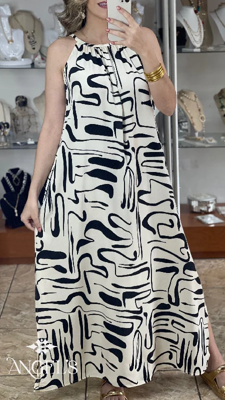 Maxi dress for cocktail parties-Cream/Black Maxi Dress