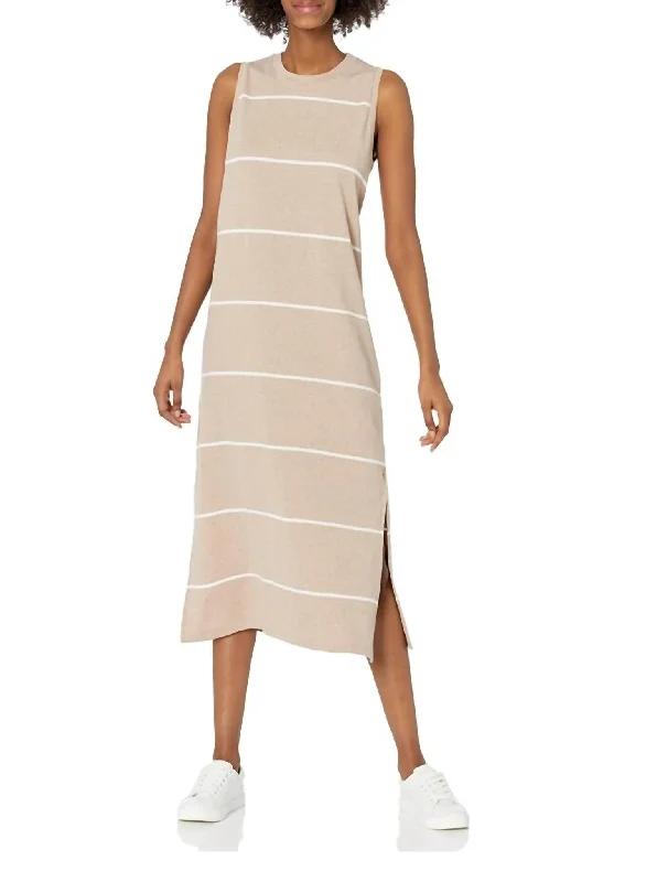 Midi dress with trumpet sleeves-Quinn Midi Dress in Tan Stripe