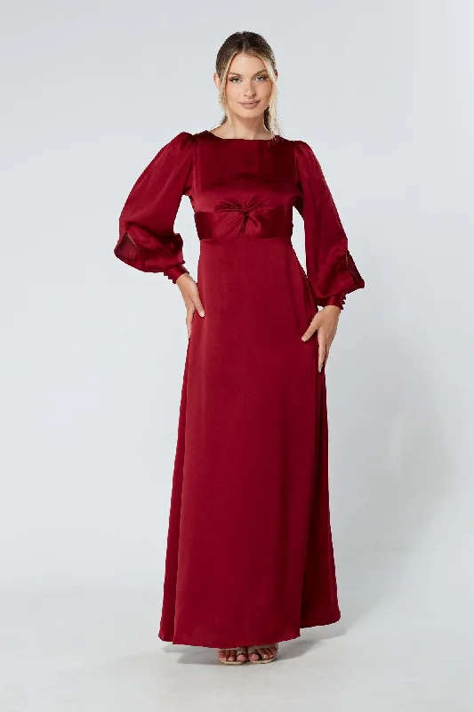 Maxi dress with smocked bodice-Lila Deep Red Knotted Front Maxi Dress