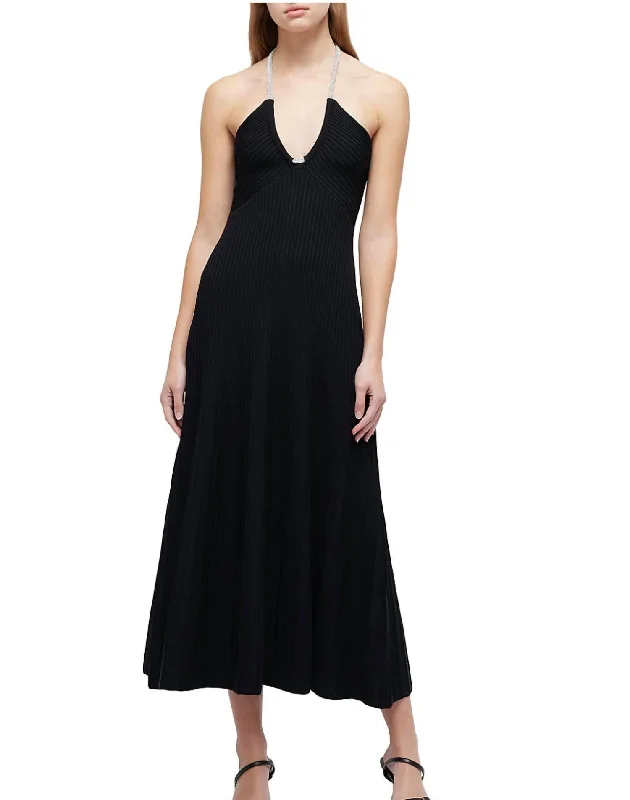 Midi dress with cap sleeves-Sadira Crystal Halter Midi Dress In Black