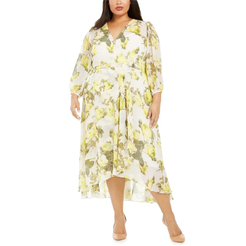 Maxi dress with mesh insert-Calvin Klein Womens Floral Chiffon High-Low Maxi Dress, Yellow, 22W