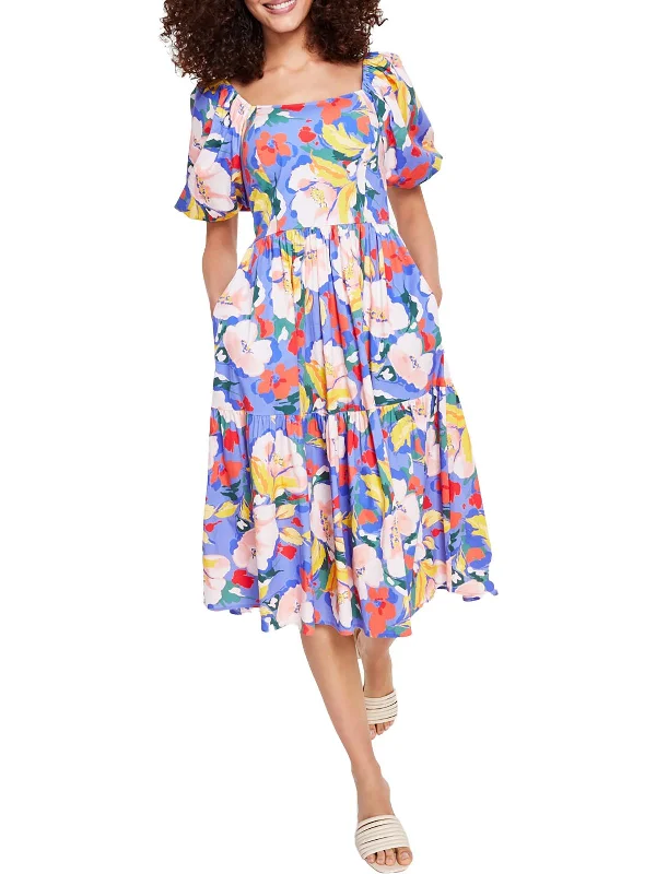 Midi dress for wedding guests-Womens Floral Print Square Neck Midi Dress