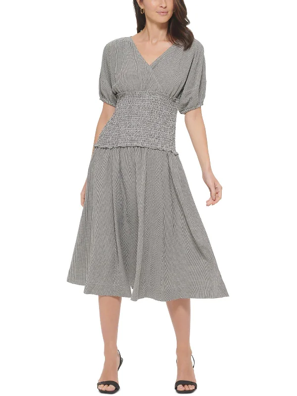 Midi dress with sweetheart neckline-Womens Surplice Puff Sleeves Midi Dress