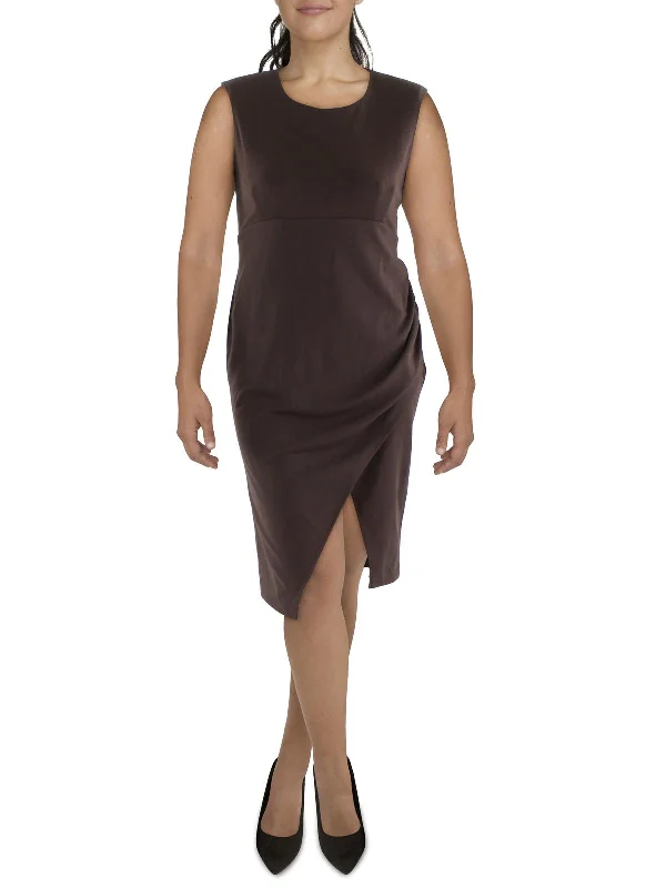 Midi dress with V-neckline-Womens Faux Wrap Knee Length Midi Dress