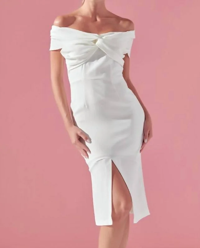 Midi dress with satin fabric-Knot Front Off The Shoulder Midi Dress In White