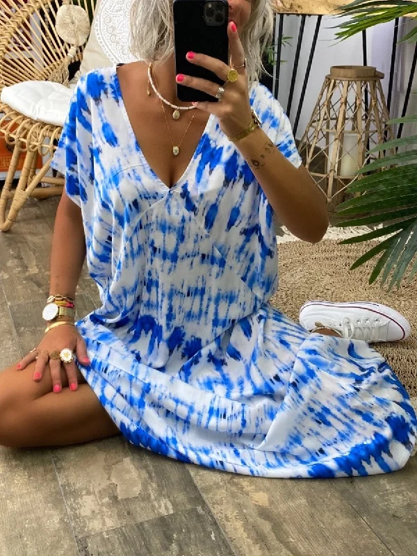 Maxi dress with layered ruffles-Retro Casual Loose V Neck Tie Dye Dress