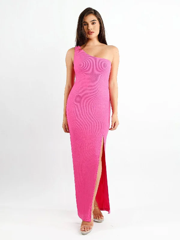 Maxi dress with wild prints-Shapewear Modal One Shoulder Front Slit Slimming Maxi Dress