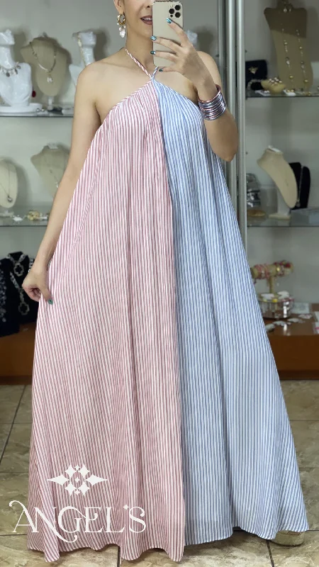 Maxi dress with wrap style-Stripes Open Back Halter Maxi Dress