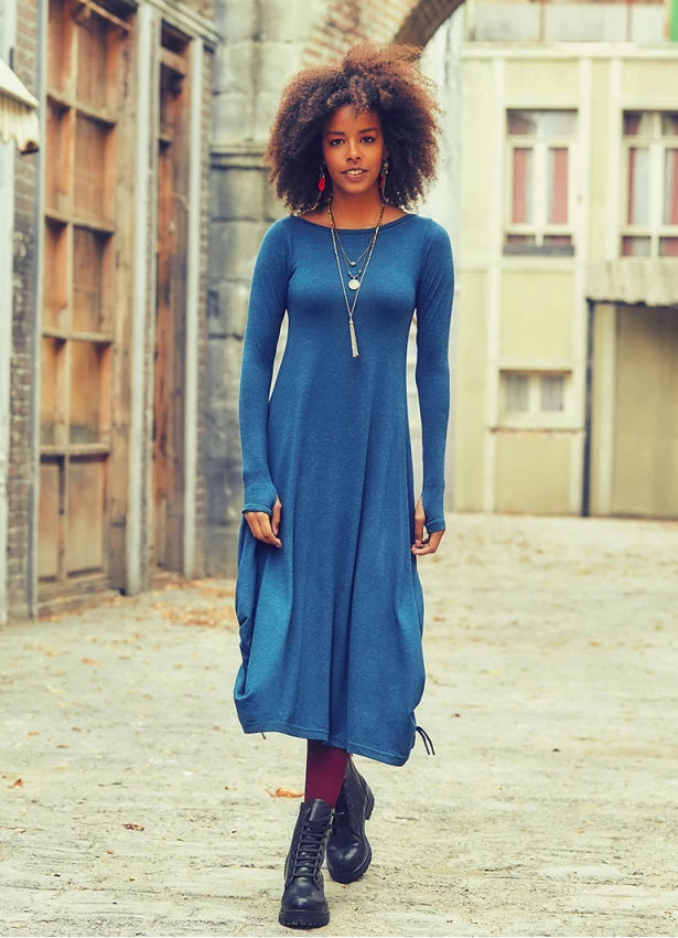 Maxi dress with plunging neckline-Boat Neckline Side String Detail Long Sleeve Blue Maxi Dress