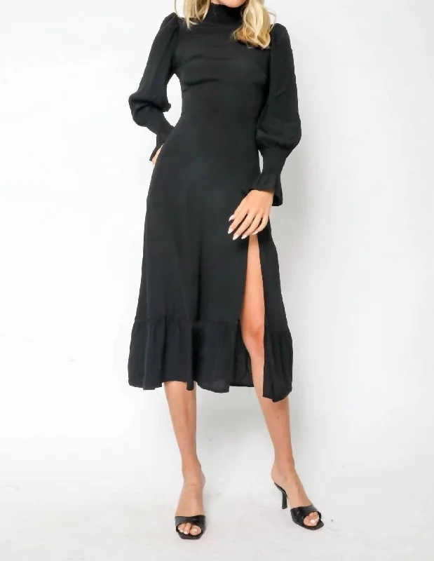 Midi dress with bold colors-Mock Neck Midi Dress in Black