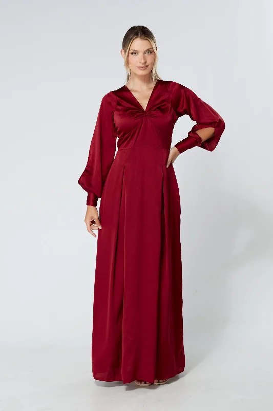 Maxi dress with fringe details-Delilah Deep Red Satin Maxi Dress