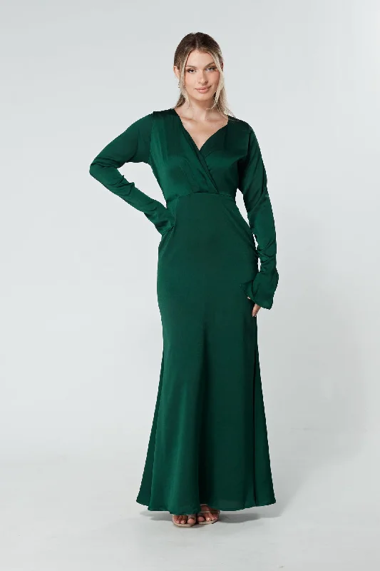 Maxi dress with V-neckline-Alessandra Dark Green Satin Maxi Dress