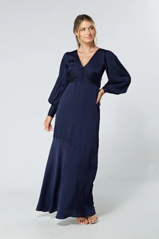 Maxi dress with neon colors-Naomi Navy Satin Maxi Dress