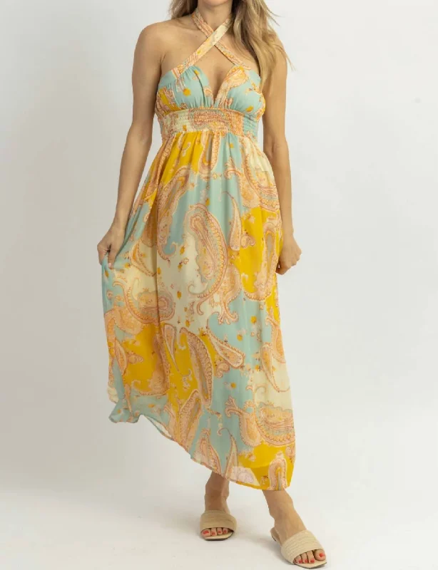 Midi dress with plunging neckline-Lemonade Breeze Crossover Midi Dress In Yellow