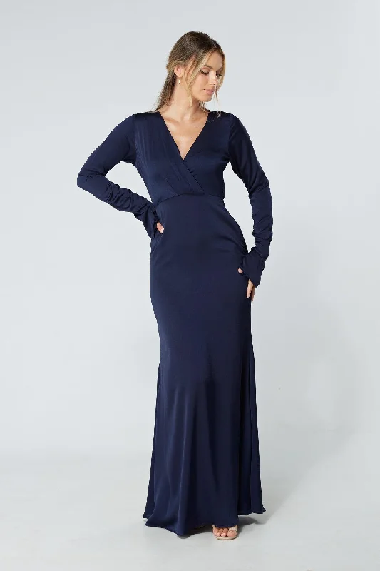 Maxi dress with shimmer effect-Alessandra Navy Satin Maxi Dress