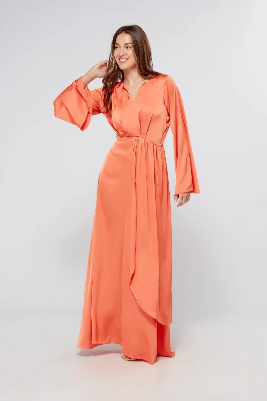 Maxi dress with spaghetti straps-Ophelia Peachy Orange Luxury Satin Maxi