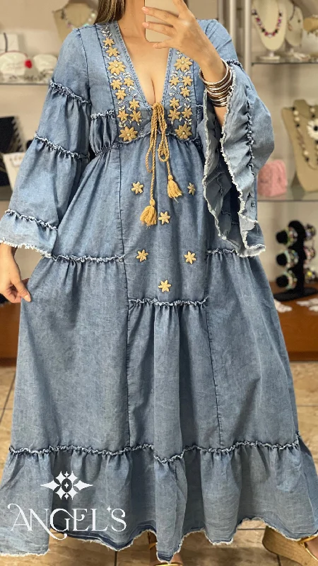 Maxi dress with vintage inspiration-Fabiola Denim Maxi Dress